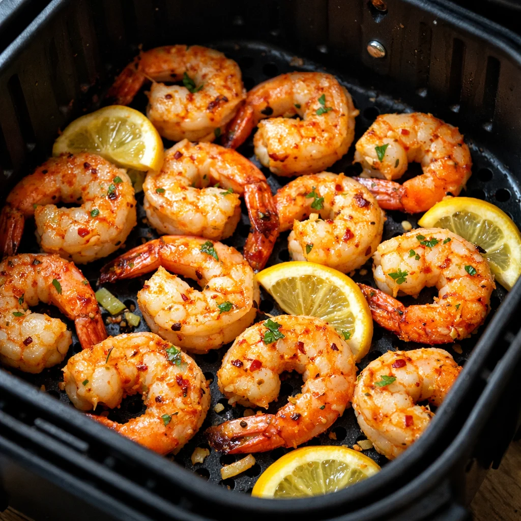 Air Fryer Lemon Garlic Shrimp cooking in the air fryer