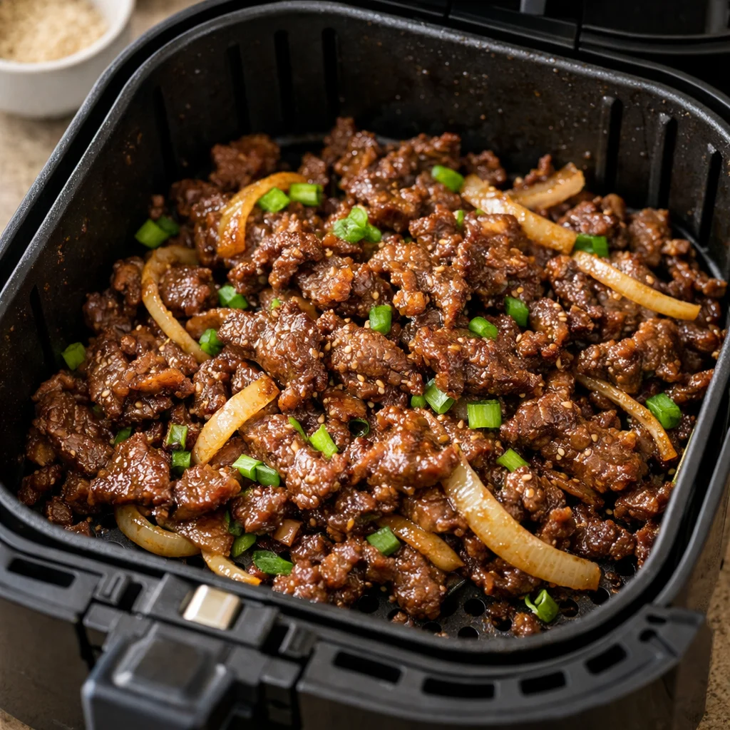 Air Fryer Korean Bulgogi Beef Bowls cooking in the air fryer
