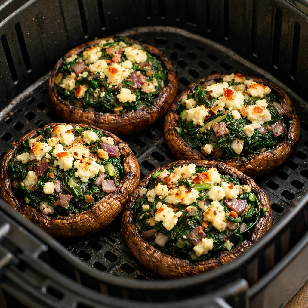 Air Fryer Stuffed Portobello Mushrooms with Spinach and Feta cooking in the air fryer