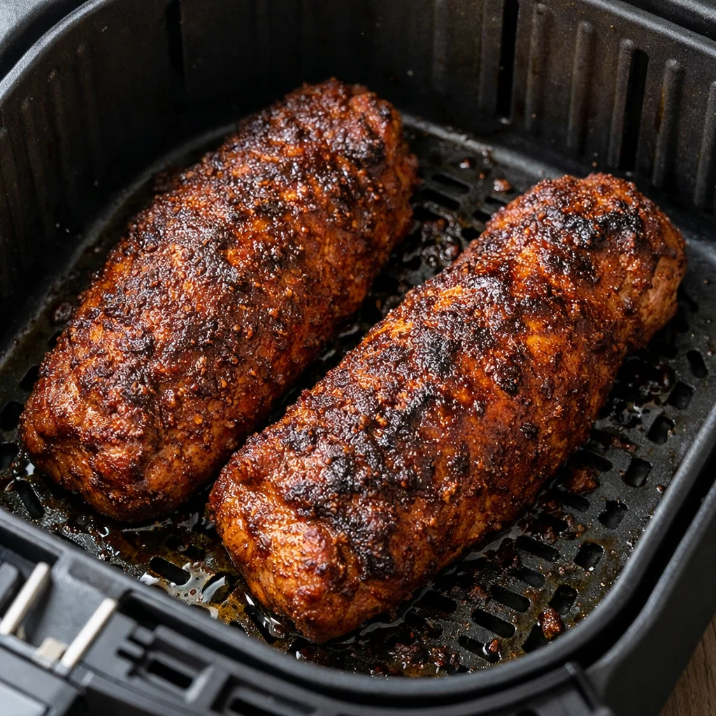 Air Fryer Moroccan-Spiced Pork Tenderloin cooking in the air fryer