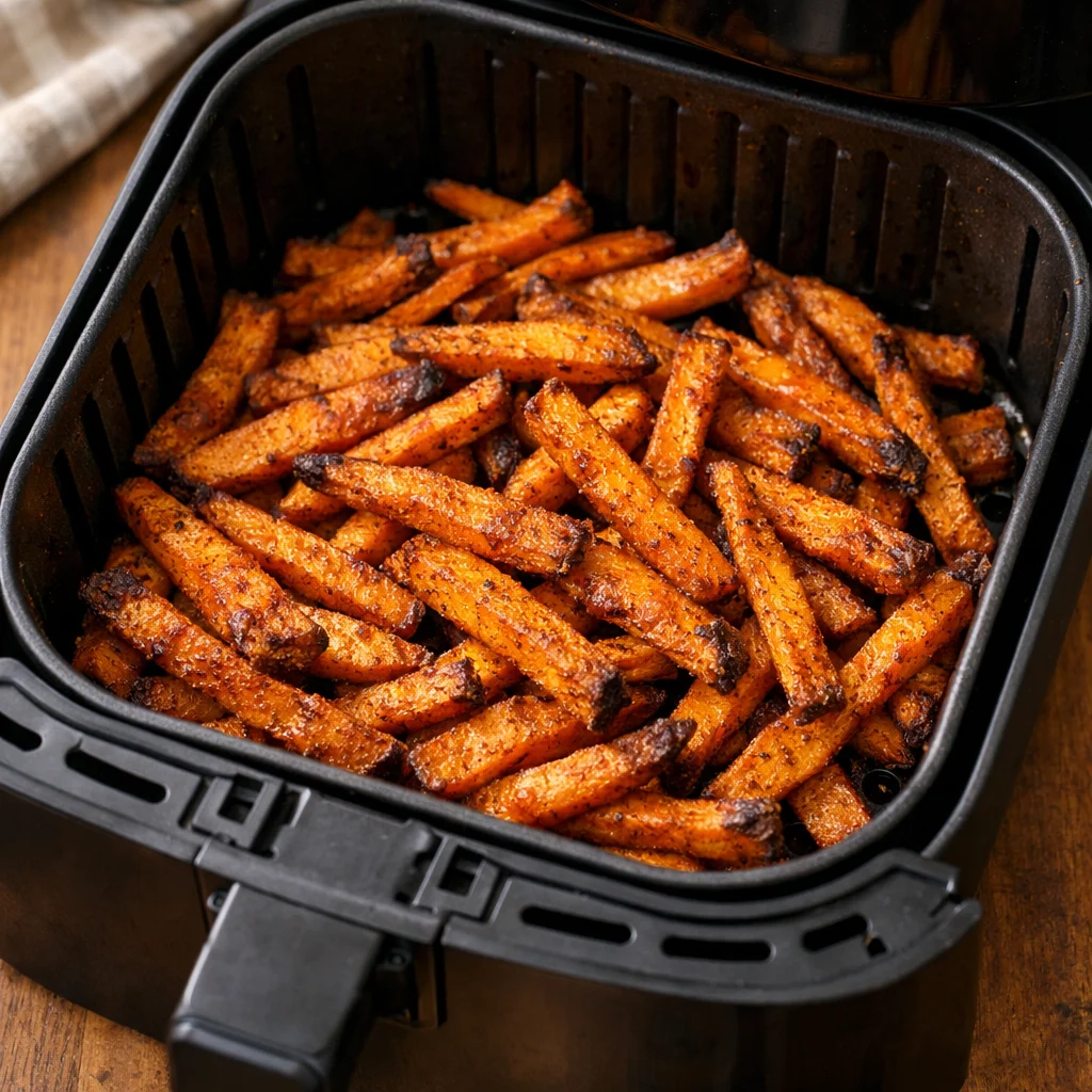 Air Fryer Sweet Potato Fries with Smoky Chipotle Mayo cooking in the air fryer