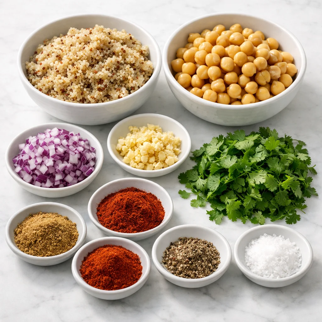 Ingredients for Air Fryer Crispy Chickpea and Quinoa Patties with Avocado Cilantro Sauce