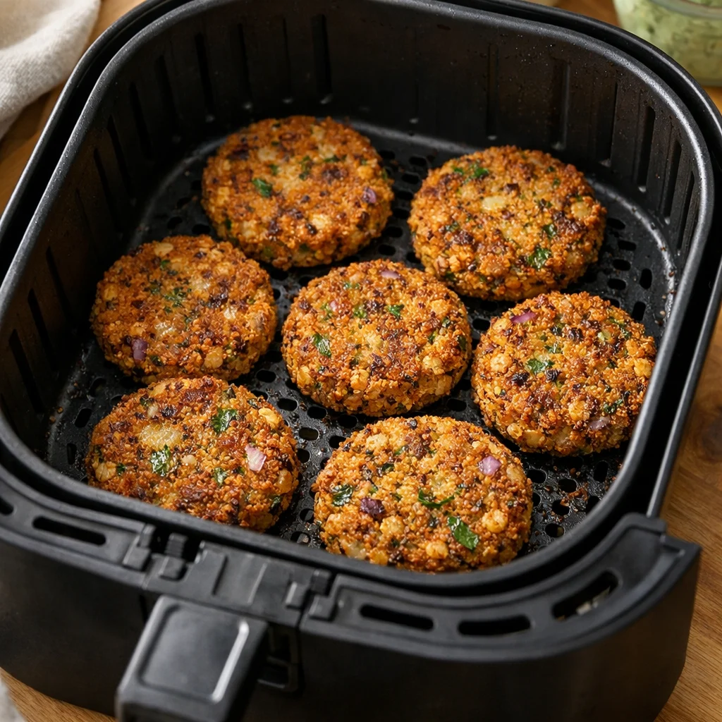 Air Fryer Crispy Chickpea and Quinoa Patties with Avocado Cilantro Sauce cooking in the air fryer