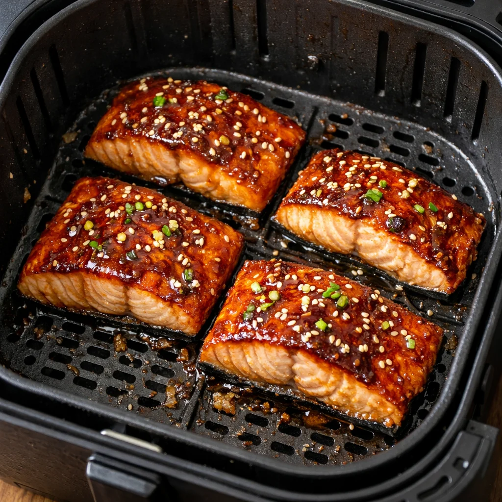 Air Fryer Teriyaki Glazed Salmon cooking in the air fryer