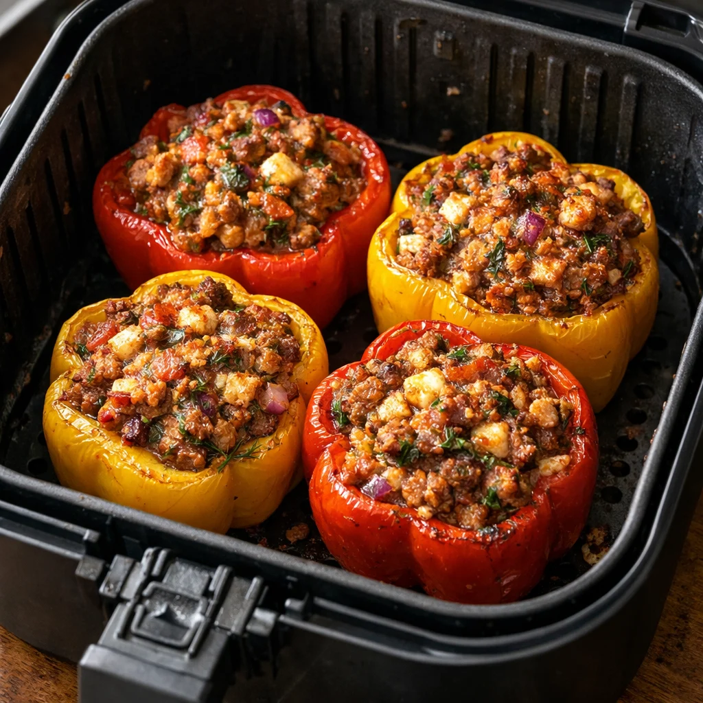 Air Fryer Greek Style Stuffed Bell Peppers cooking in the air fryer