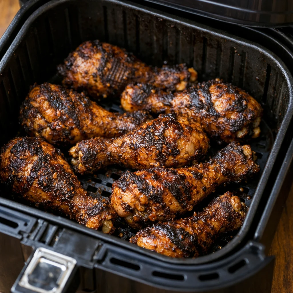 Air Fryer Spicy Jamaican Jerk Chicken Drumsticks cooking in the air fryer