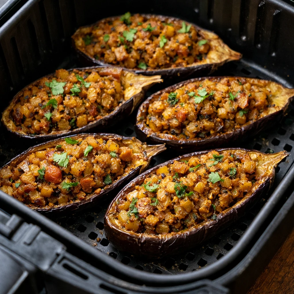 Air Fryer Indian Spiced Stuffed Eggplant cooking in the air fryer