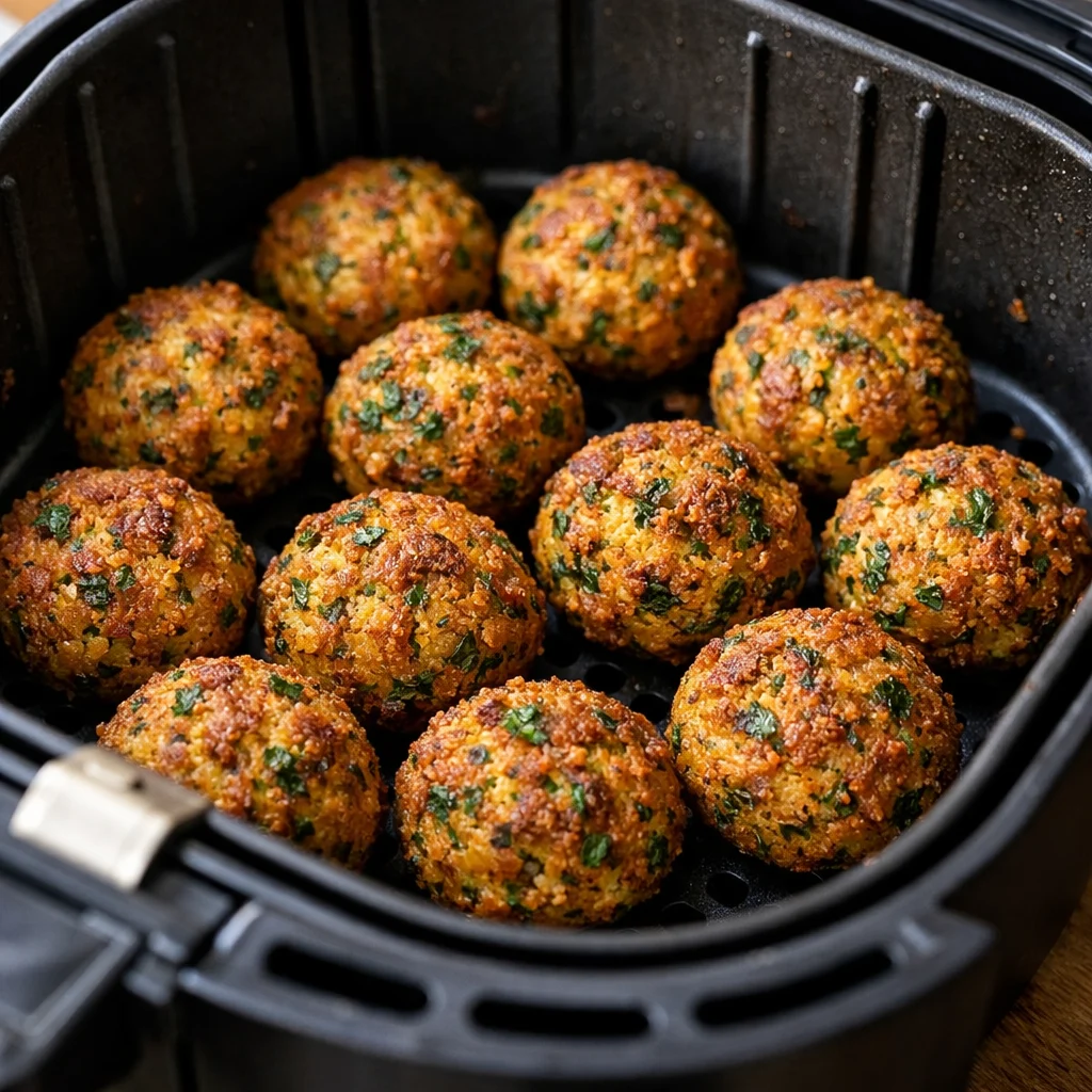 Air Fryer Crispy Greek Chickpea Falafel cooking in the air fryer