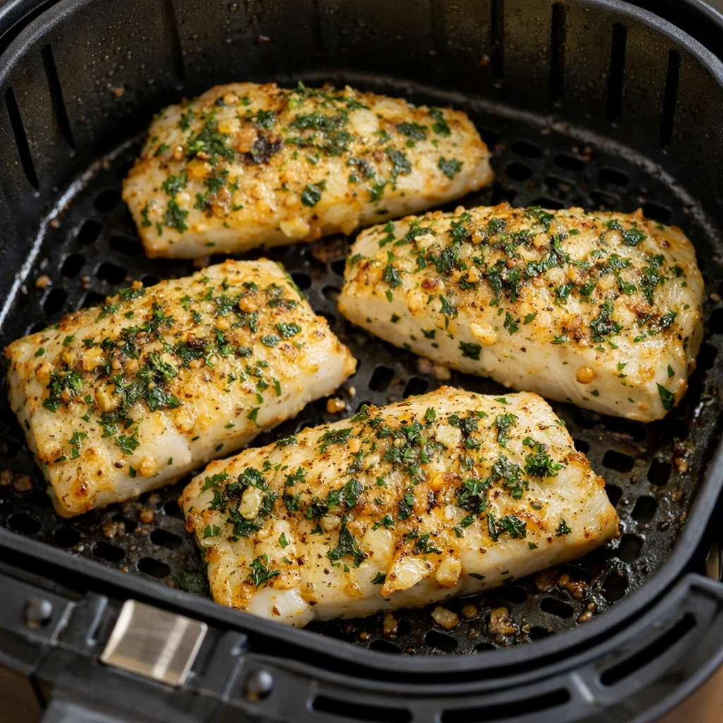 Air Fryer Herbed Lemon Garlic Cod Fillets cooking in the air fryer