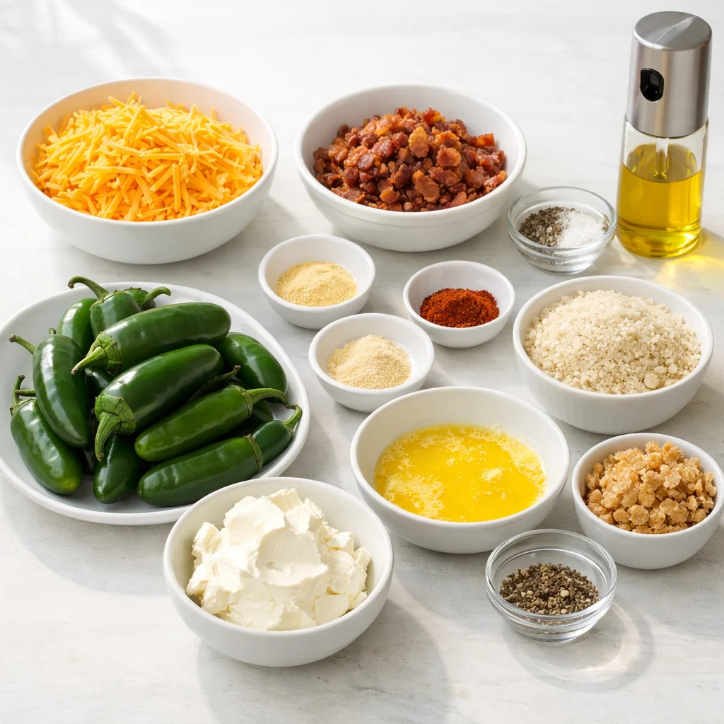 Ingredients for Air Fryer Crispy Stuffed Jalapeño Poppers with Cheddar and Bacon