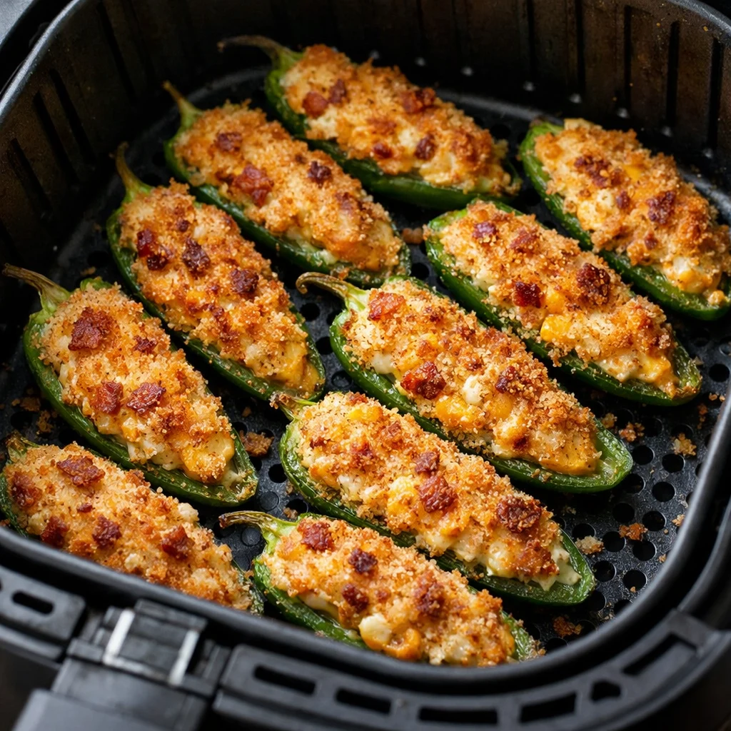 Air Fryer Crispy Stuffed Jalapeño Poppers with Cheddar and Bacon cooking in the air fryer