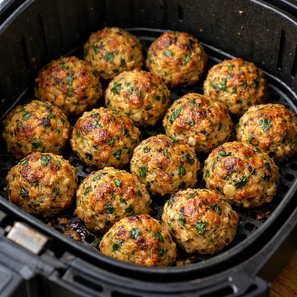 Air Fryer Crispy Herb-Crusted Turkey Meatballs cooking in the air fryer