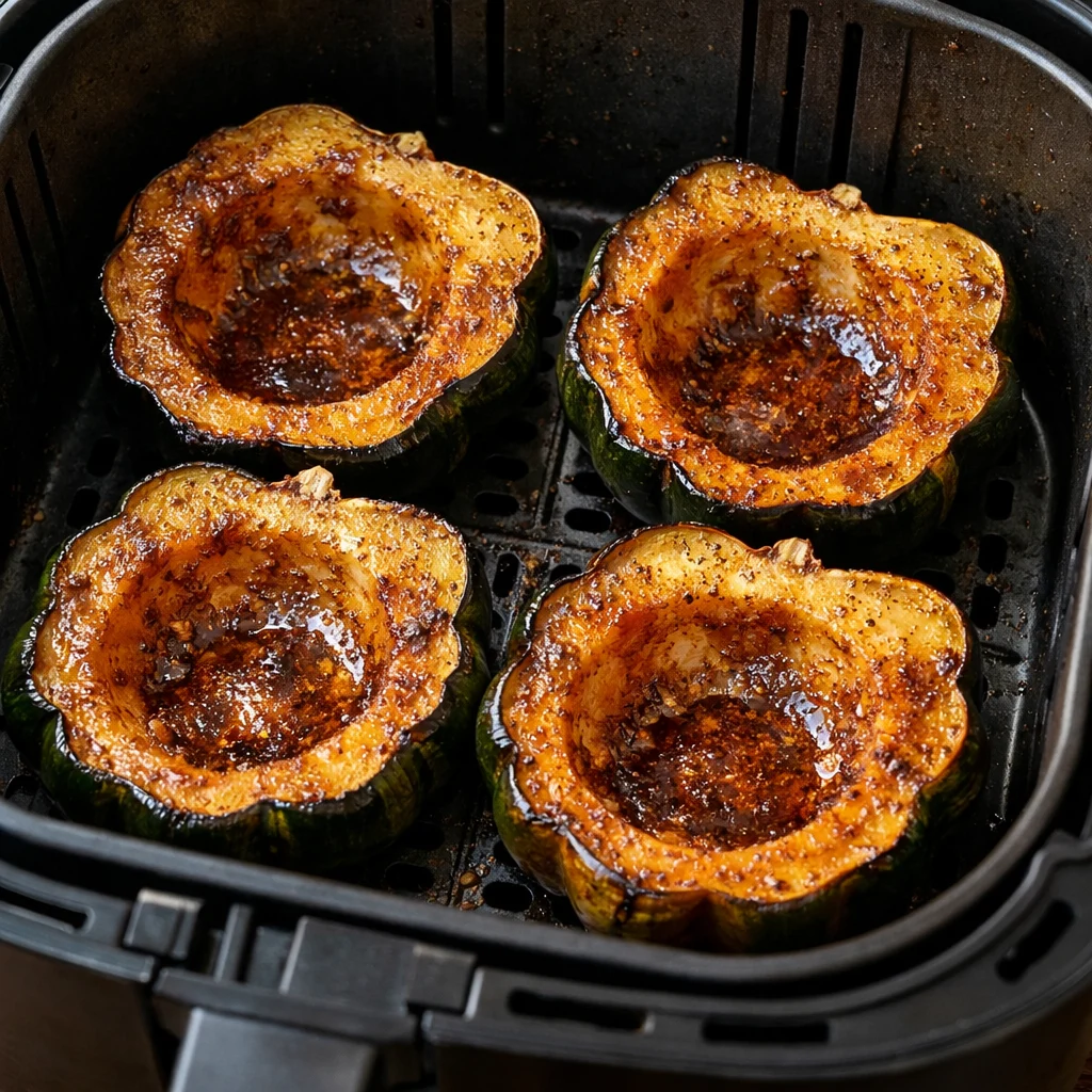 Air Fryer Maple Cinnamon Roasted Acorn Squash cooking in the air fryer