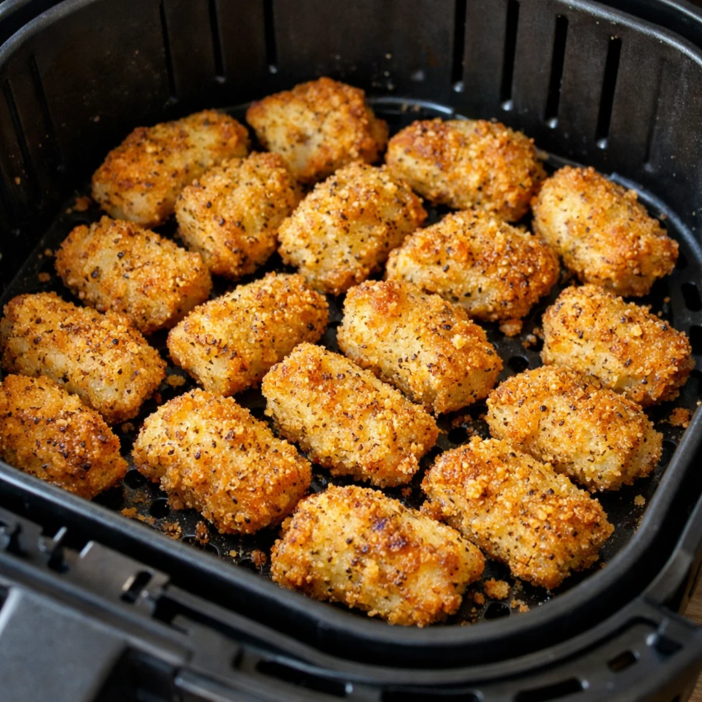 Air Fryer Lemon Pepper Catfish Nuggets cooking in the air fryer