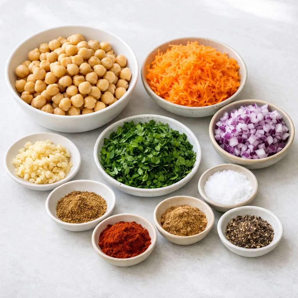 Ingredients for Air Fryer Crispy Chickpea and Sweet Potato Patties with Tahini Drizzle