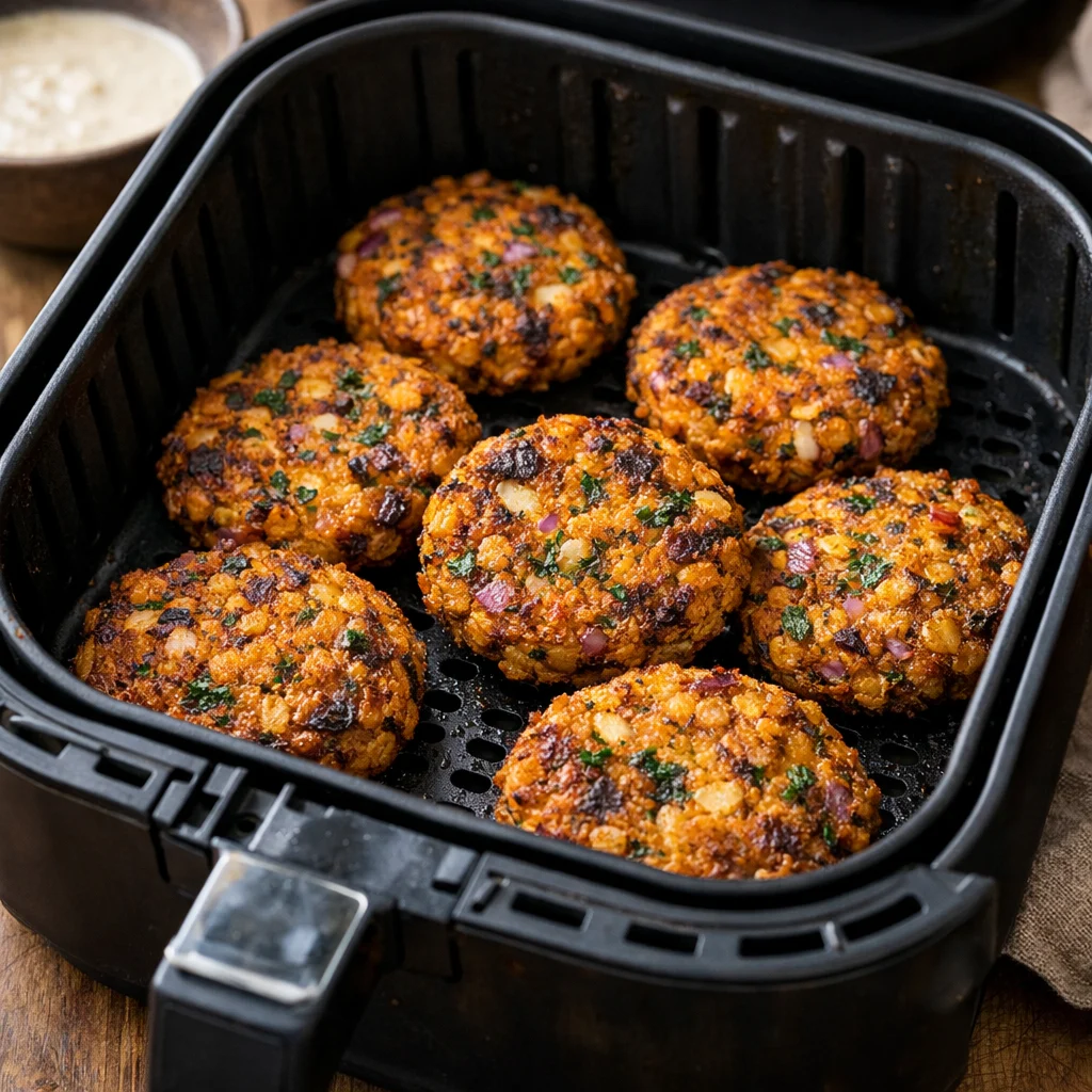 Air Fryer Crispy Chickpea and Sweet Potato Patties with Tahini Drizzle cooking in the air fryer