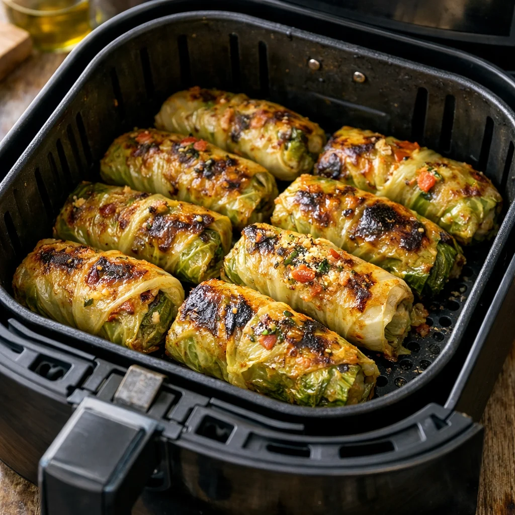 Air Fryer Mediterranean Stuffed Cabbage Rolls cooking in the air fryer