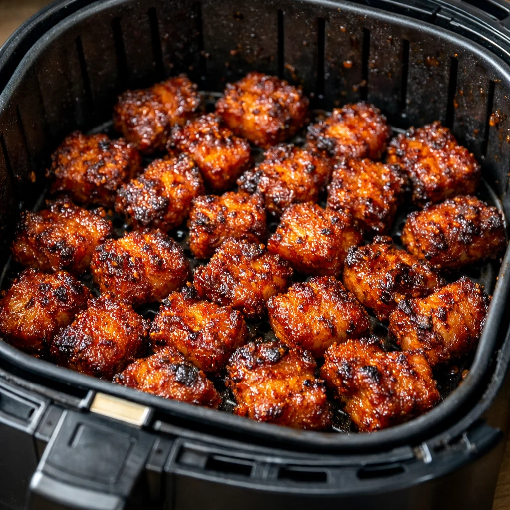 Air Fryer Crispy Korean-Style Spicy Pork Belly Bites cooking in the air fryer