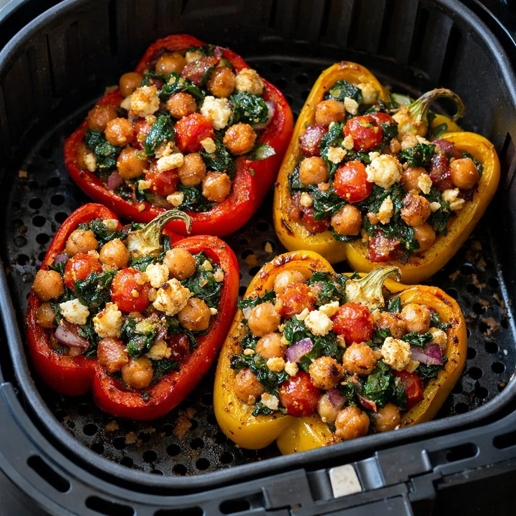 Air Fryer Mediterranean Chickpea and Spinach Stuffed Peppers cooking in the air fryer