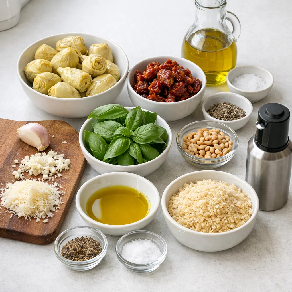 Ingredients for Air Fryer Crispy Stuffed Artichoke Hearts with Sundried Tomato Pesto