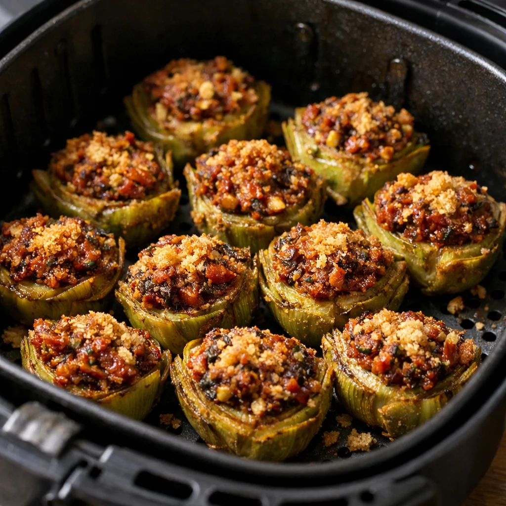 Air Fryer Crispy Stuffed Artichoke Hearts with Sundried Tomato Pesto cooking in the air fryer