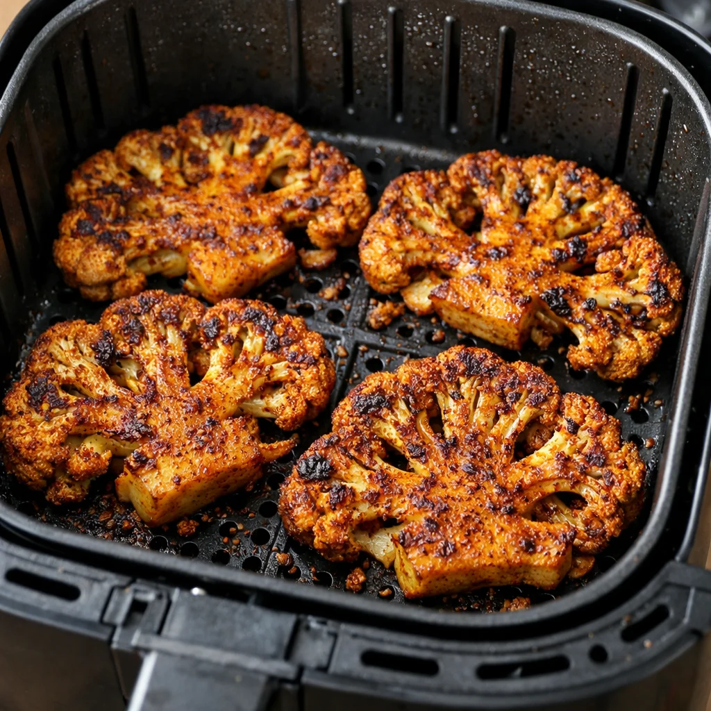 Air Fryer Spiced Moroccan Cauliflower Steaks cooking in the air fryer