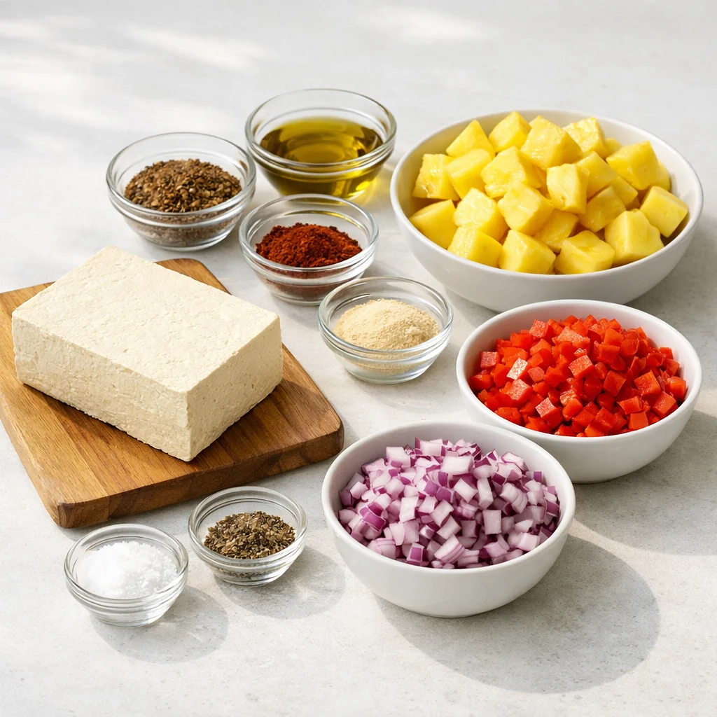 Ingredients for Air Fryer Crispy Caribbean Jerk Tofu Skewers with Pineapple Salsa