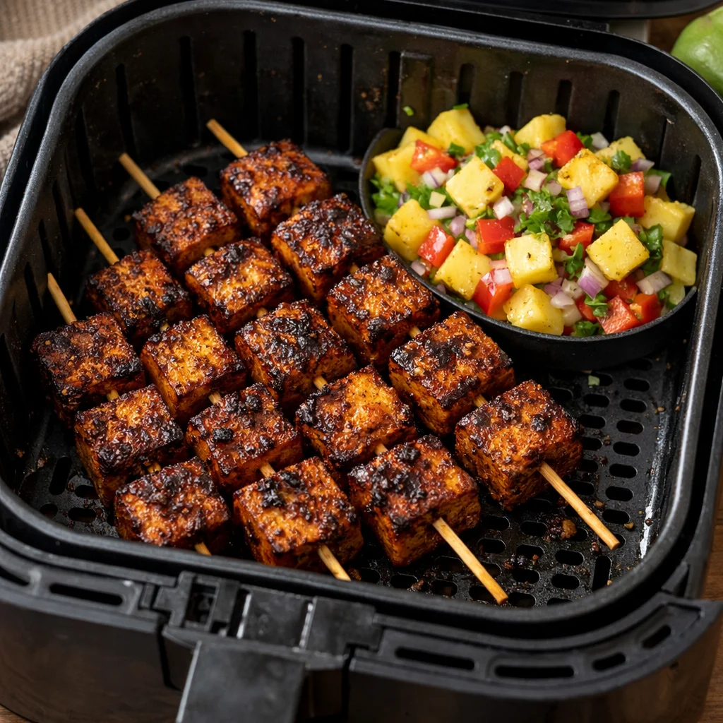 Air Fryer Crispy Caribbean Jerk Tofu Skewers with Pineapple Salsa cooking in the air fryer