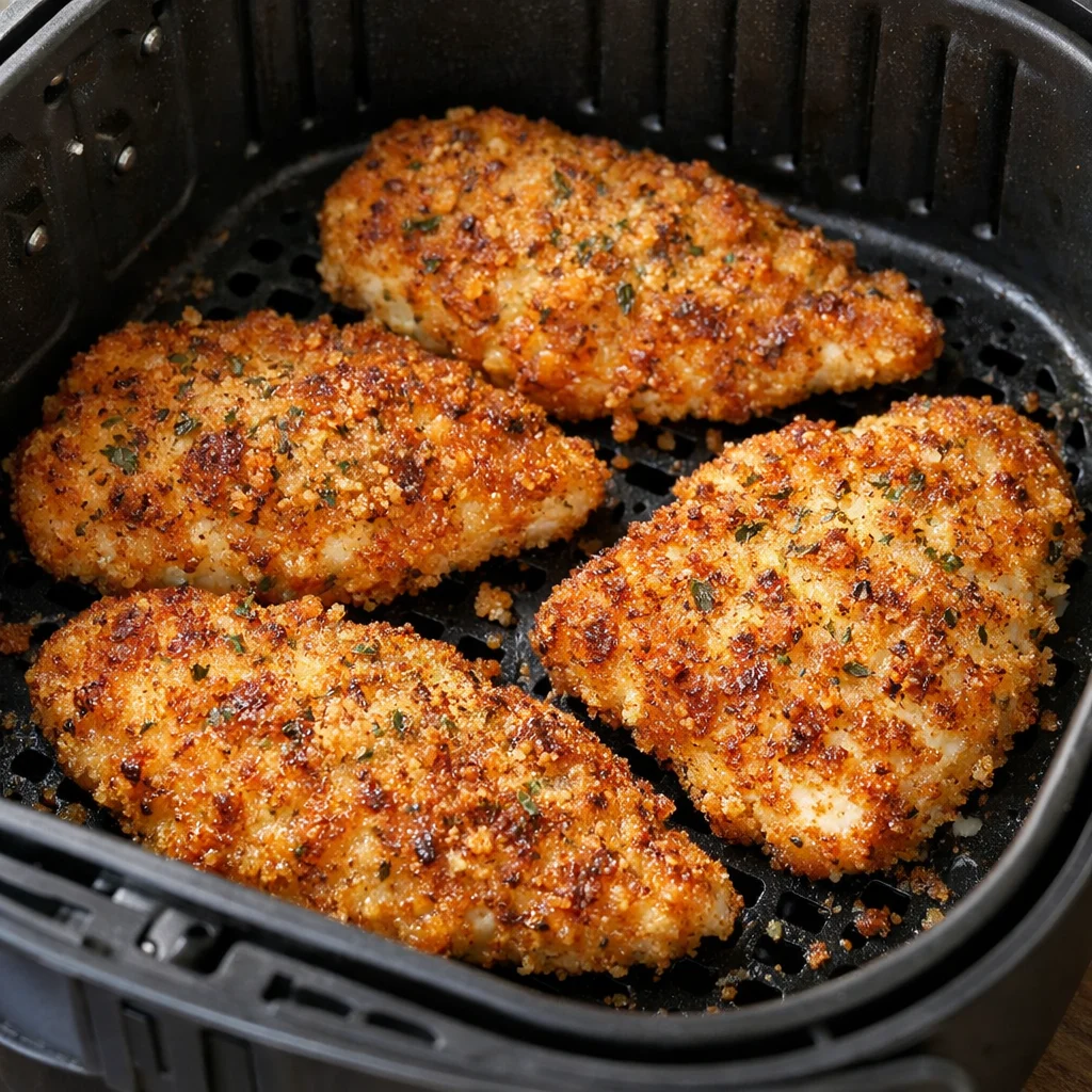 Air Fryer Crispy Parmesan Crusted Chicken Cutlets cooking in the air fryer