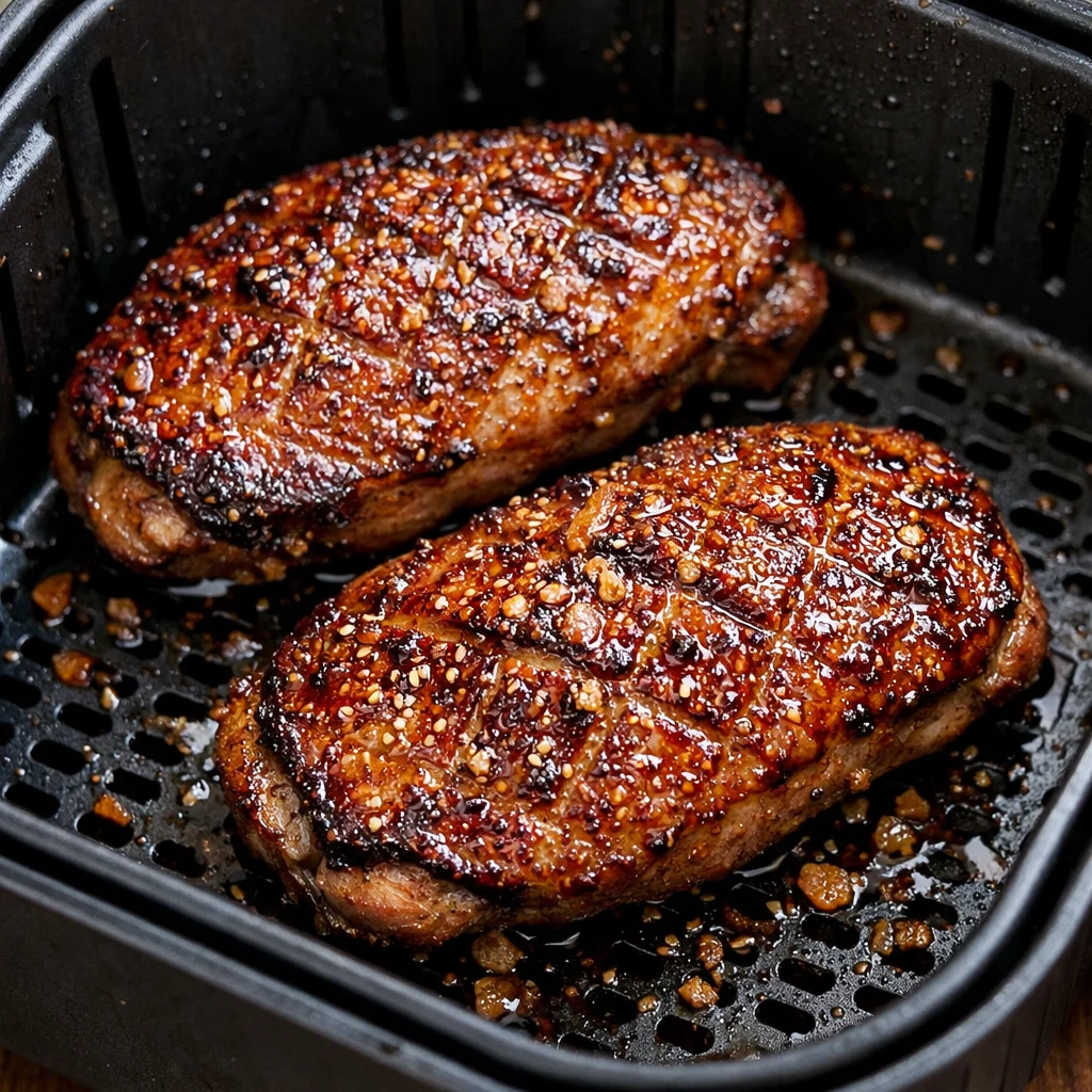 Air Fryer Sesame Ginger Glazed Duck Breast cooking in the air fryer