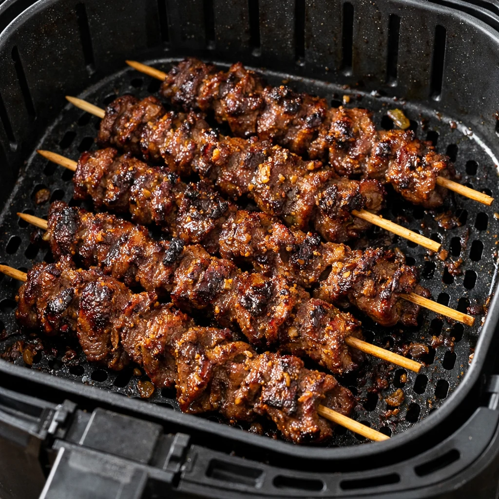 Air Fryer Vietnamese Lemongrass Beef Skewers cooking in the air fryer
