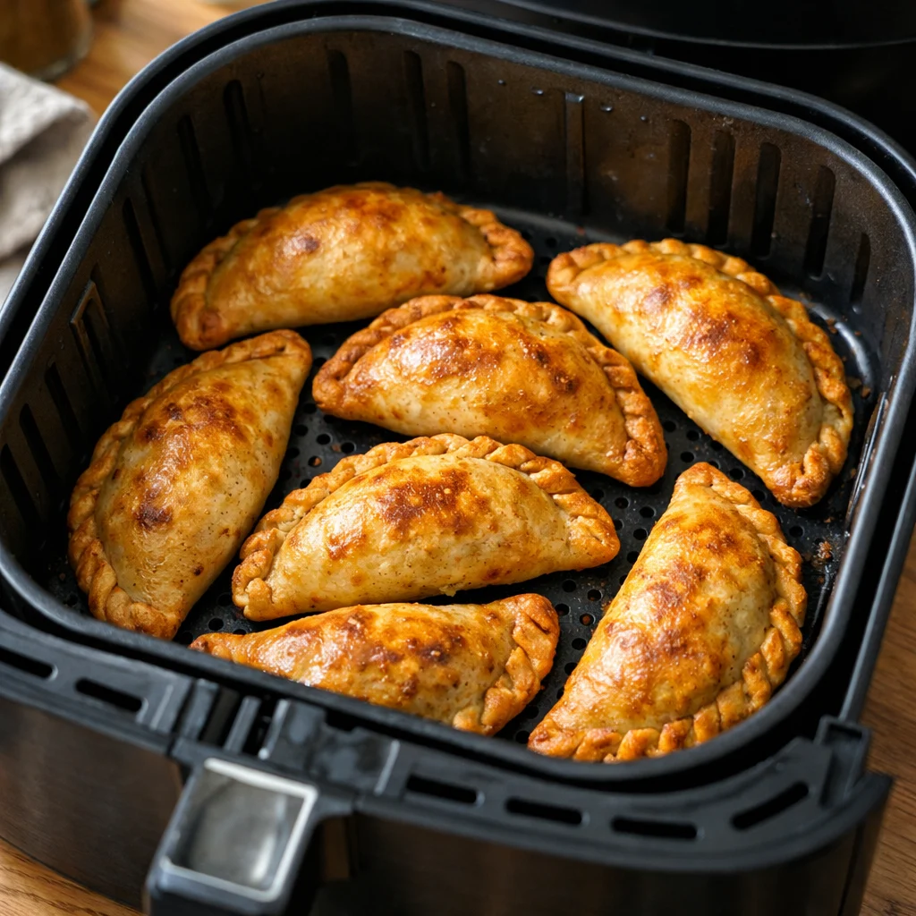 Air Fryer Spiced Lentil and Sweet Potato Empanadas cooking in the air fryer