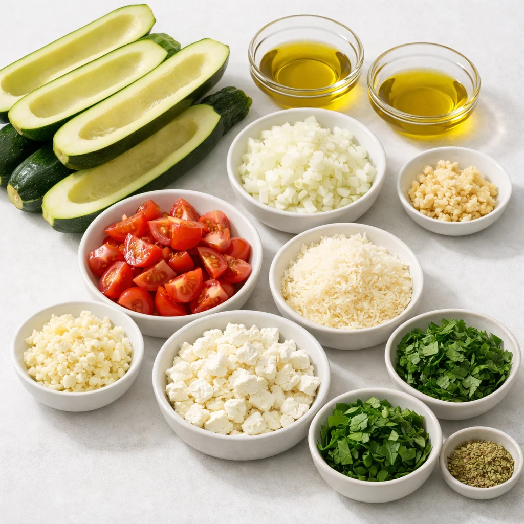 Ingredients for Air Fryer Mediterranean Herb and Garlic Stuffed Zucchini Boats