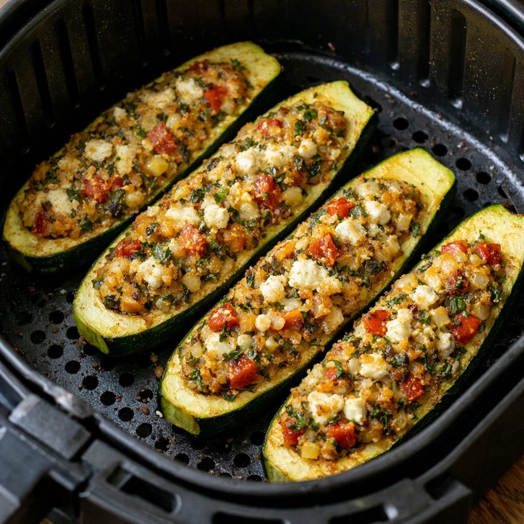 Air Fryer Mediterranean Herb and Garlic Stuffed Zucchini Boats cooking in the air fryer