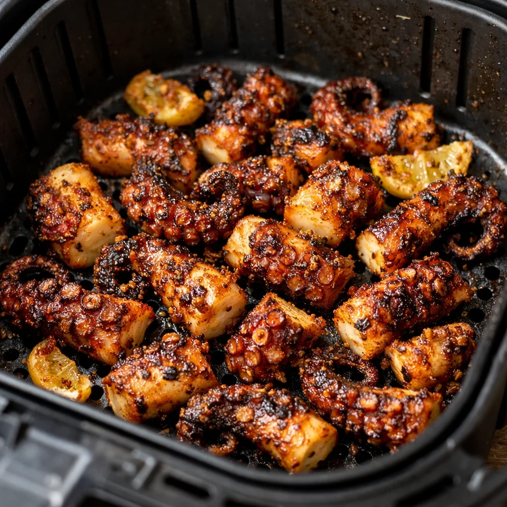 Air Fryer Crispy Mediterranean Grilled Octopus cooking in the air fryer
