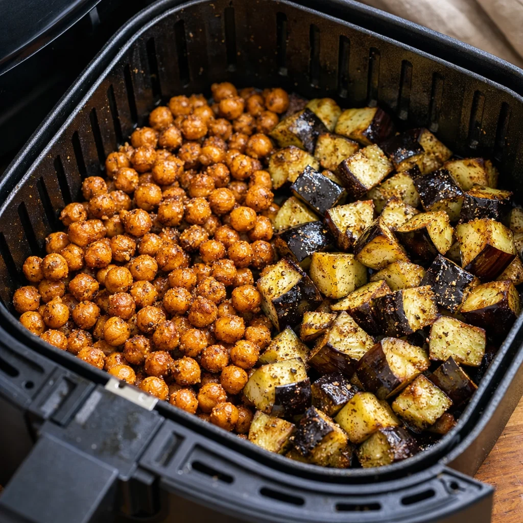 Air Fryer Za'atar Roasted Chickpea and Eggplant Salad cooking in the air fryer