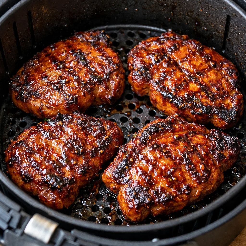 Air Fryer Sweet and Spicy Korean BBQ Glazed Pork Chops cooking in the air fryer