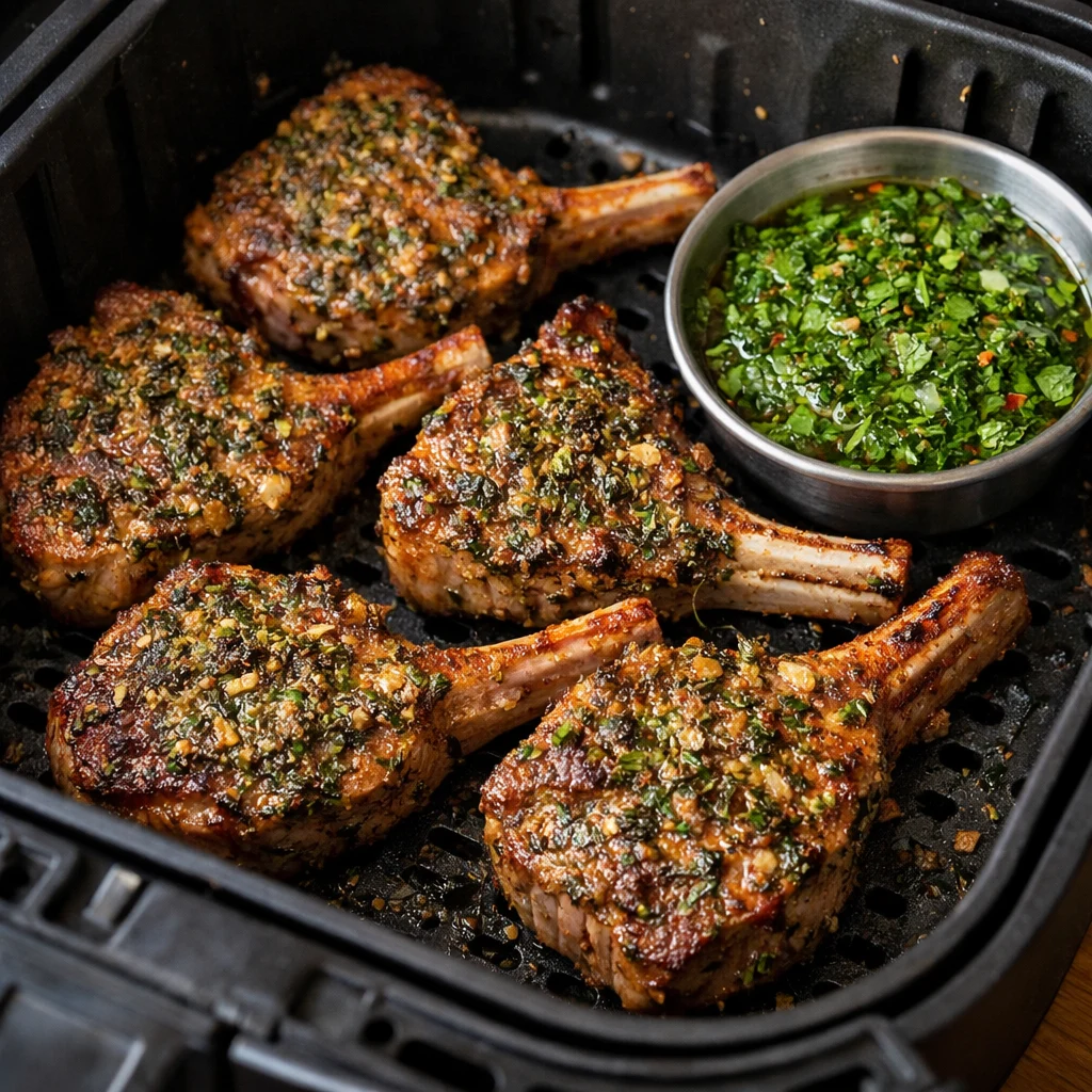 Air Fryer Herb-Crusted Lamb Chops with Mint Chimichurri cooking in the air fryer