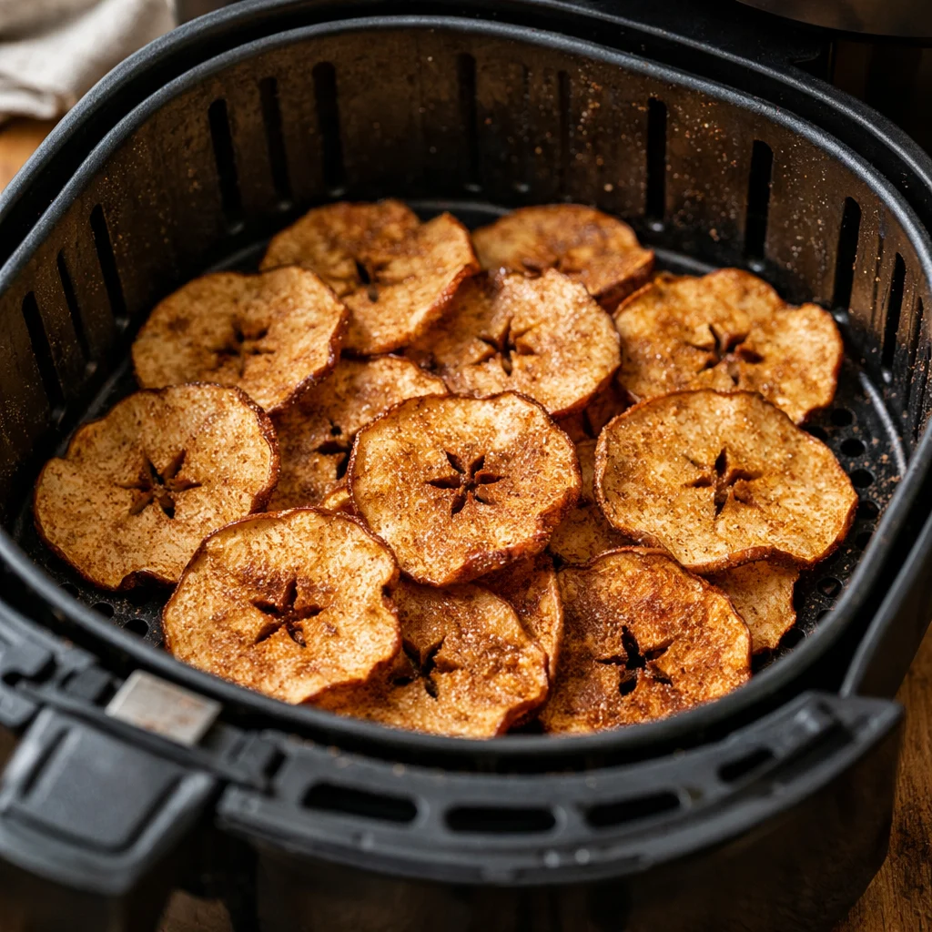 Air Fryer Crispy Baked Apple Chips with Cinnamon Sugar cooking in the air fryer