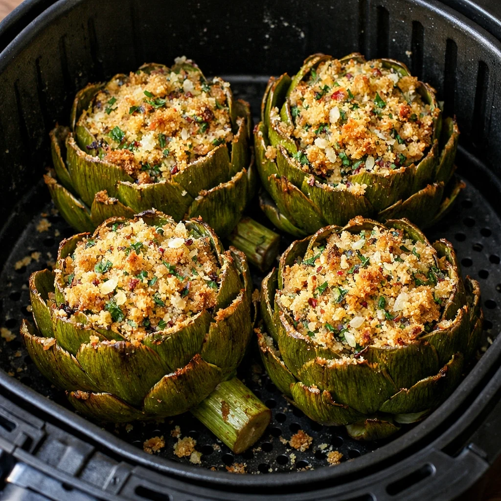 Air Fryer Italian-Style Stuffed Artichokes with Garlic and Parmesan cooking in the air fryer