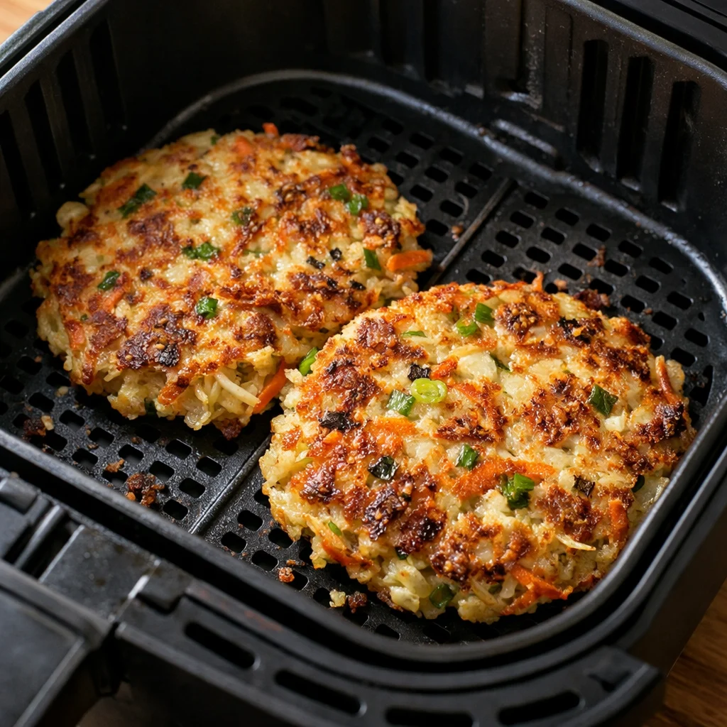 Air Fryer Savory Japanese Okonomiyaki Pancakes cooking in the air fryer