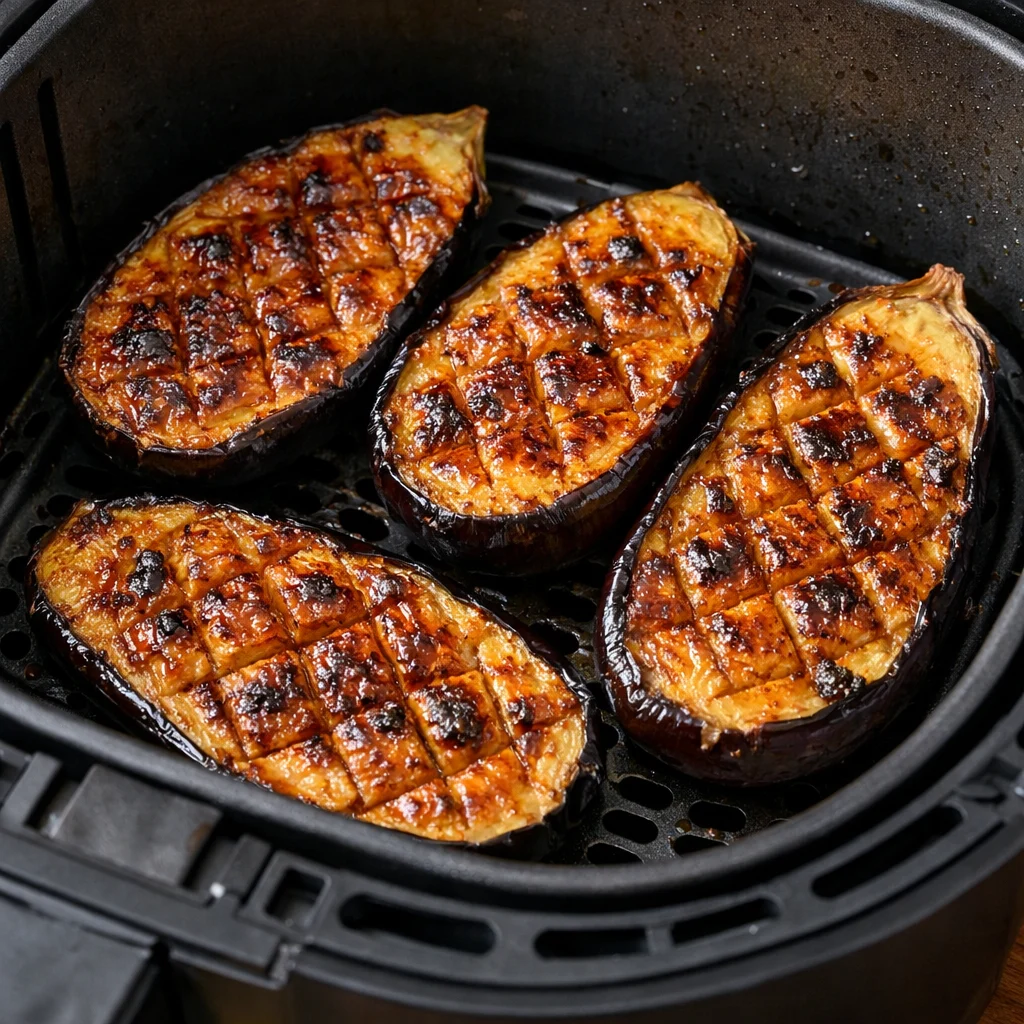 Air Fryer Japanese Miso-Glazed Eggplant cooking in the air fryer
