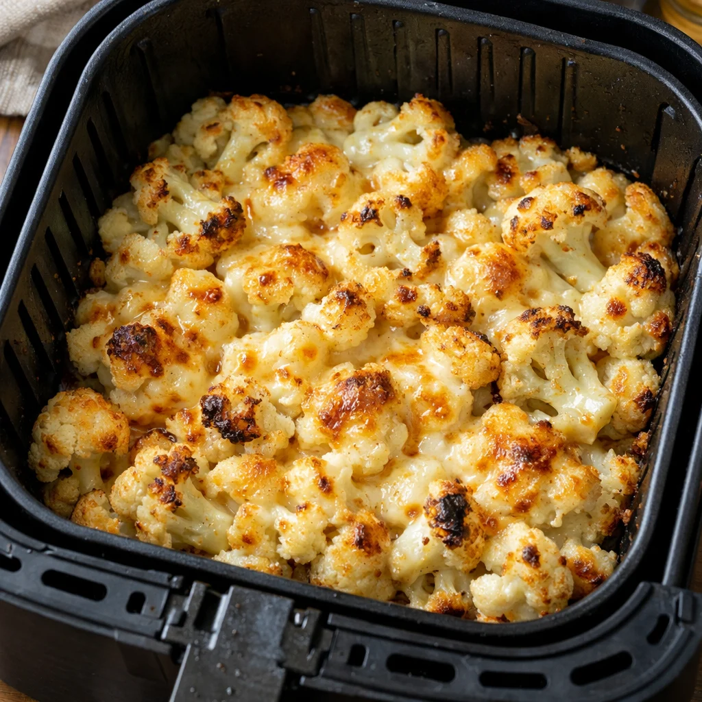 Air Fryer Low-Carb Cauliflower and Cheese Bake cooking in the air fryer