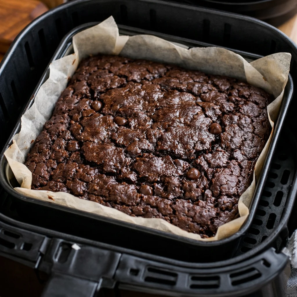 Air Fryer Vegan Chocolate Avocado Brownies cooking in the air fryer