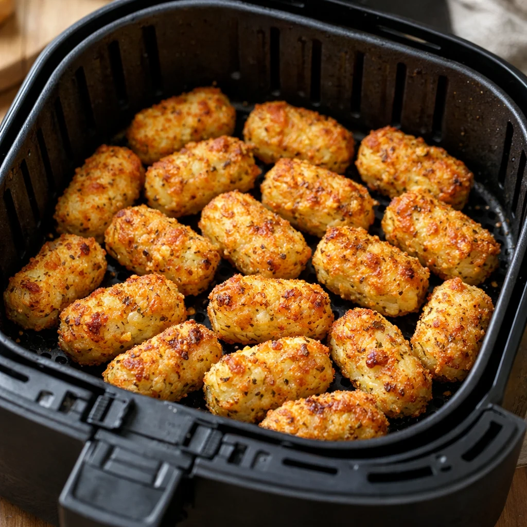 Air Fryer Keto Cheesy Cauliflower Tots cooking in the air fryer