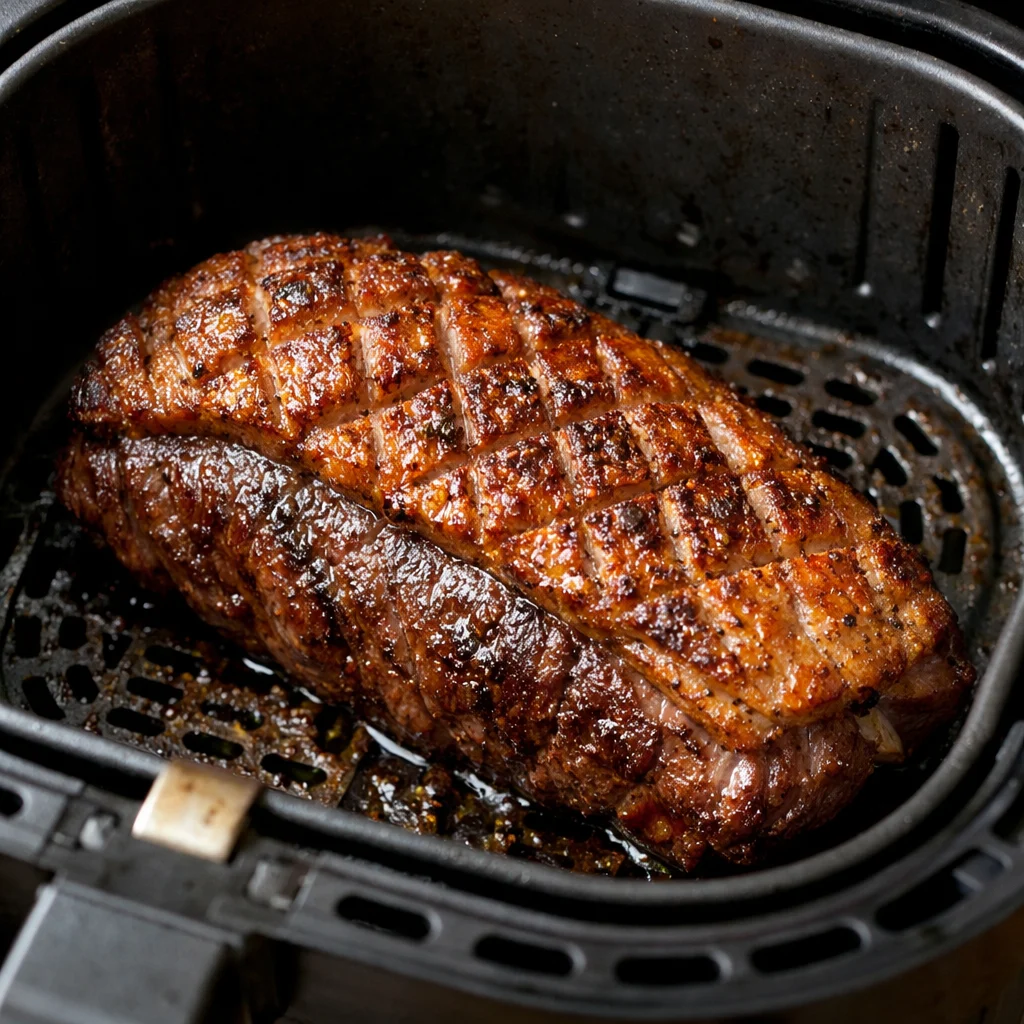 Air Fryer Brazilian-Style Picanha Steak with Chimichurri Sauce cooking in the air fryer