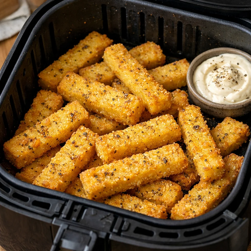 Air Fryer Crispy Baked Parmesan Polenta Fries with Garlic Aioli cooking in the air fryer