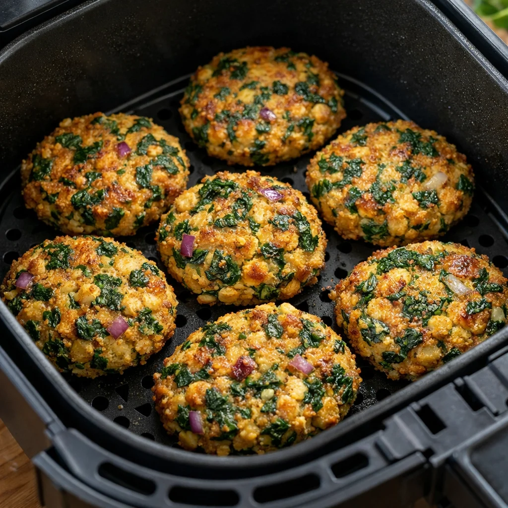 Air Fryer Savory Chickpea and Spinach Breakfast Patties cooking in the air fryer