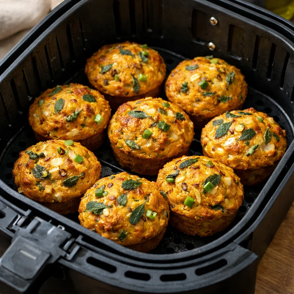 Air Fryer Spiced Pumpkin and Sage Savory Muffins cooking in the air fryer