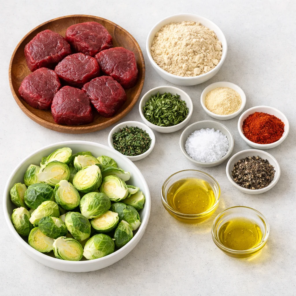 Ingredients for Air Fryer Paleo Herb-Crusted Venison Medallions with Garlic Roasted Brussels Sprouts